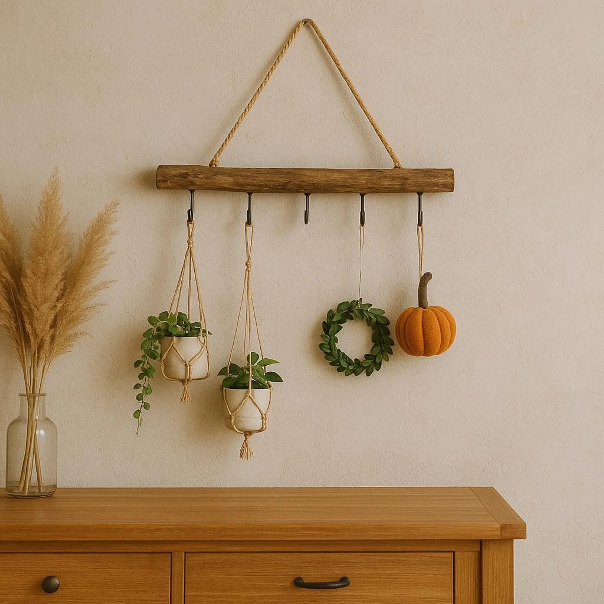 Deko-Holzstange zum Hängen – 50 cm mit 5 Haken & Naturkordel
